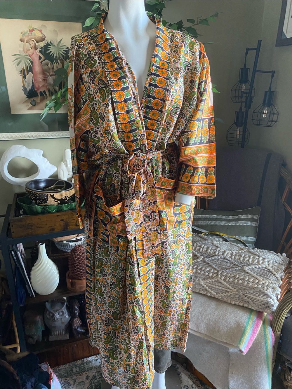 India Silk Handmade Floral Orange Robe with Belt